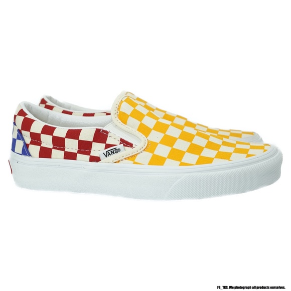 vans classic slip on checkerboard red blue & yellow skate shoes